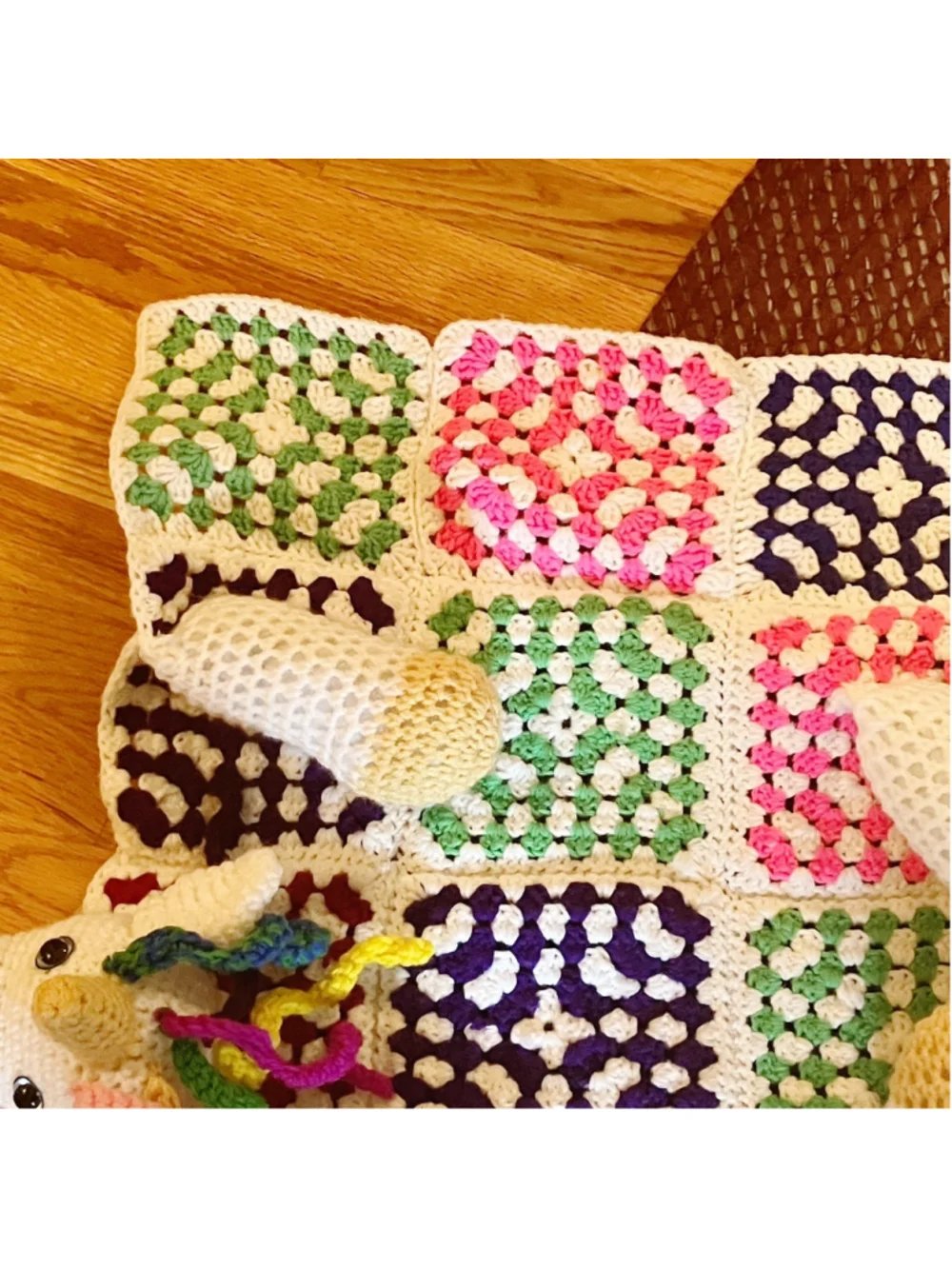 Handmade Crochet Amigurumi Unicorn Blanket Granny Squares 31” X 53” Multicolored